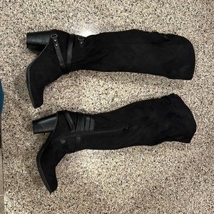 Suede and leather over the knee heeled boots